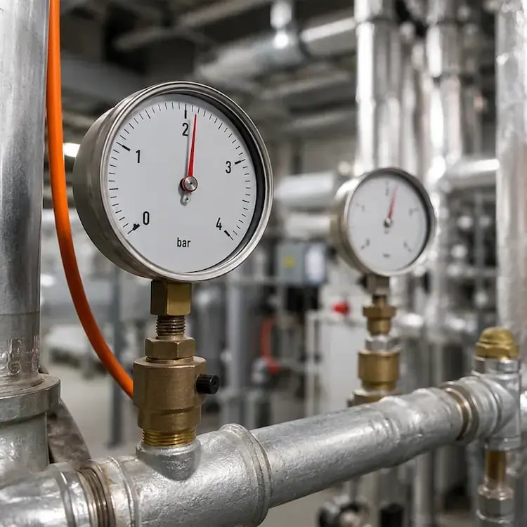 HVAC Pressure gauge in plant room surrounded by metal pipes and air ducts