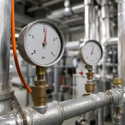 HVAC Pressure gauge in plant room surrounded by metal pipes and air ducts
